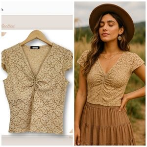 🌿M Collection Women's XL Boho Tan Gold Sequin Cinch Leather Tie Beige Top